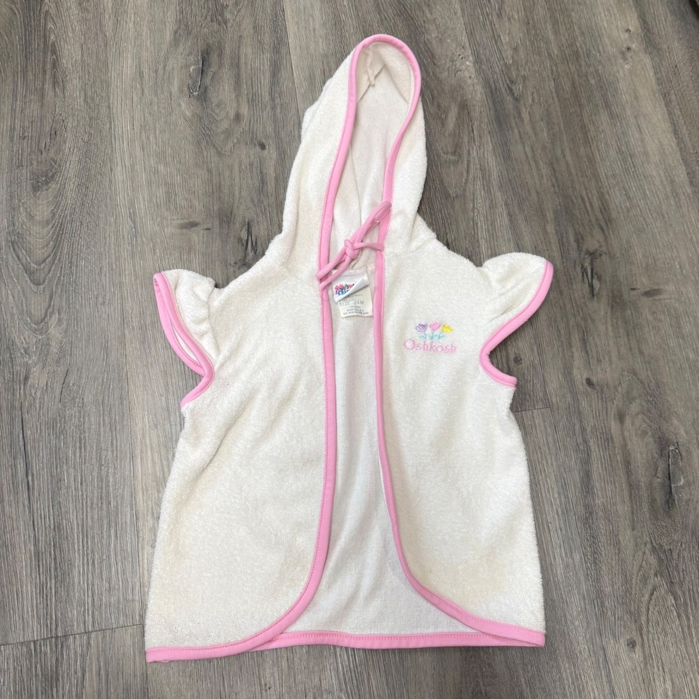 Vintage OshKosh B'gosh Kids White Pink Terry Cloth Hooded Beach Coverup 24M USA